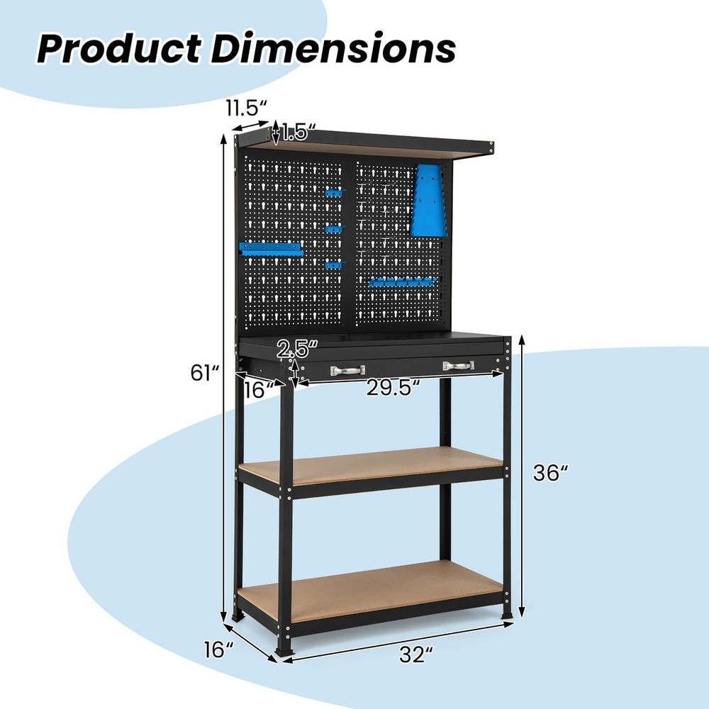 Multi-use Workbench w/ 2 Shelves Heavy-Duty Work Table Tool Storage Bench Black