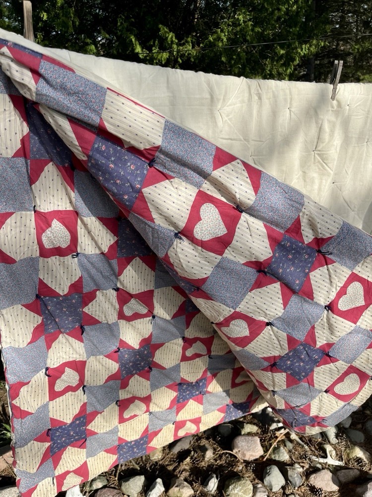 Americana Patchwork Quilt Heart Star Block Pattern Local Sheared Wool Filled SEE