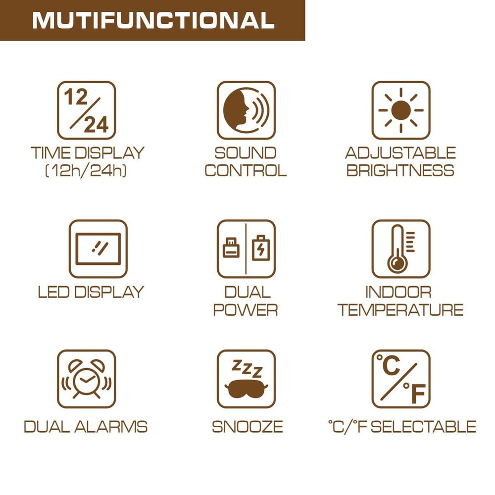 Small Digital Alarm Clock Mirror LED Display Adjustable Brightness Black Case