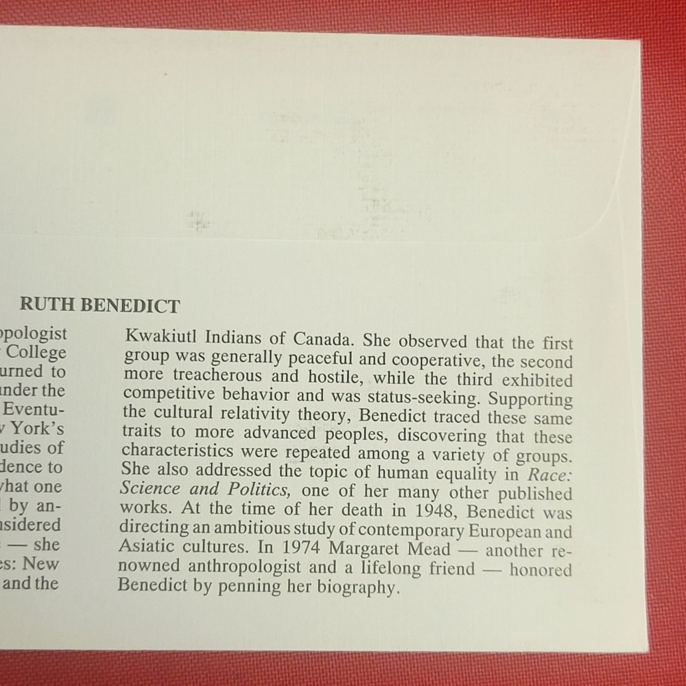 First Day of Issue Ruth Benedict Stamp Cache Envelope