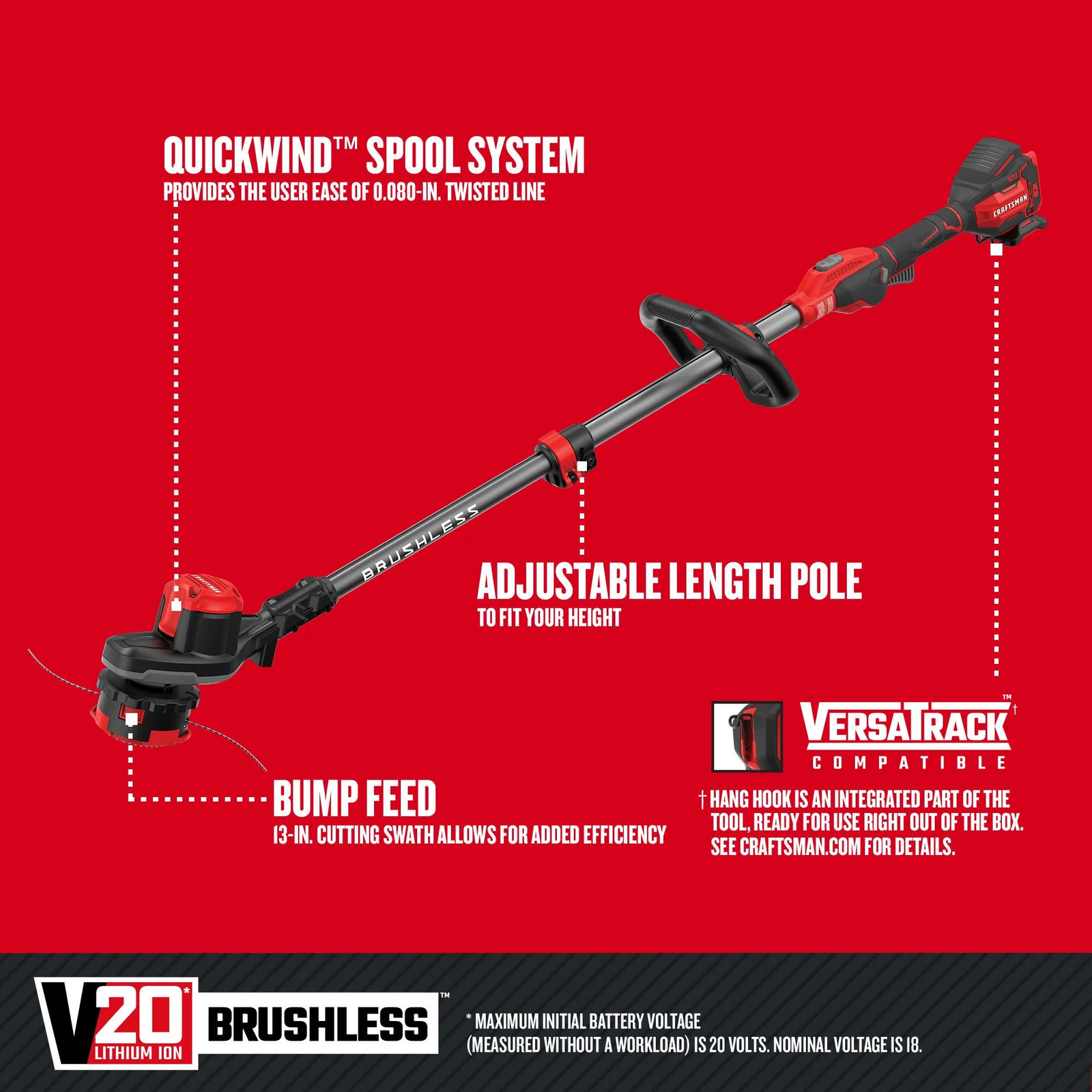 CRAFTSMAN V20* Brushless Cordless WEEDWACKER® 13 in String Trimmer -CMCST920B