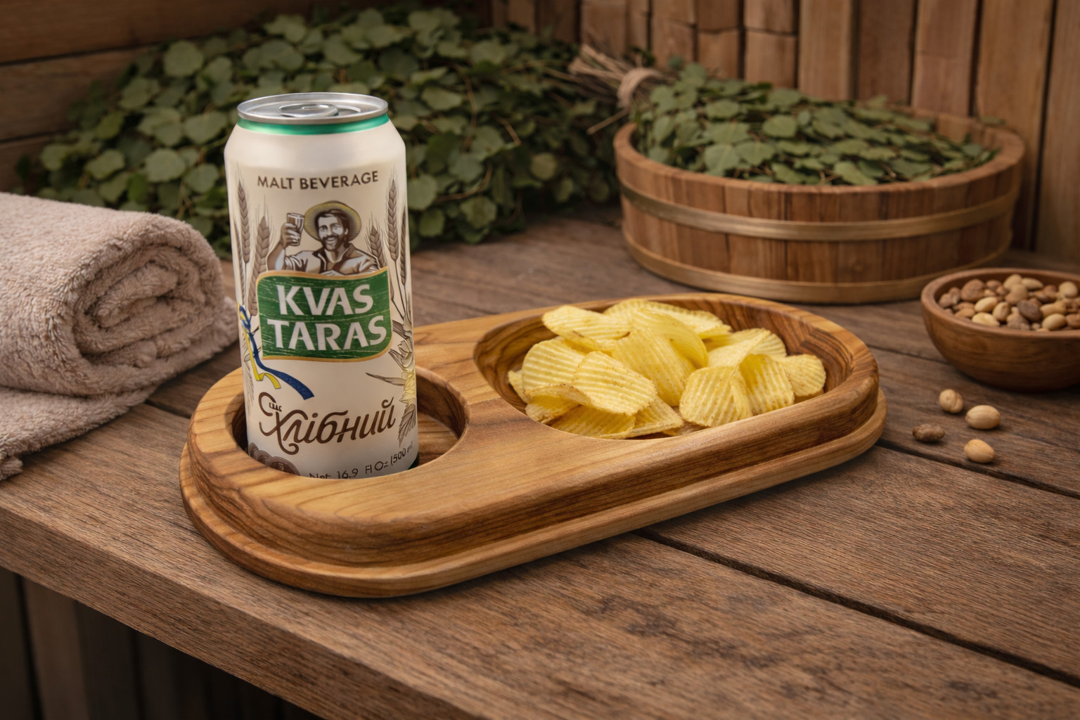 Sauna Snack Tray Wooden with Cup Holder/Beer or Kvas Holder/Handcrafted Sauna