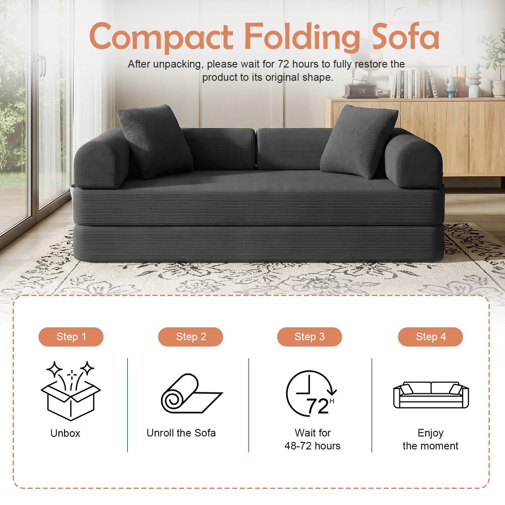 79" Corduroy Convertible Compression Sofa Bed Folding Floor Sofa Sleeper Couch