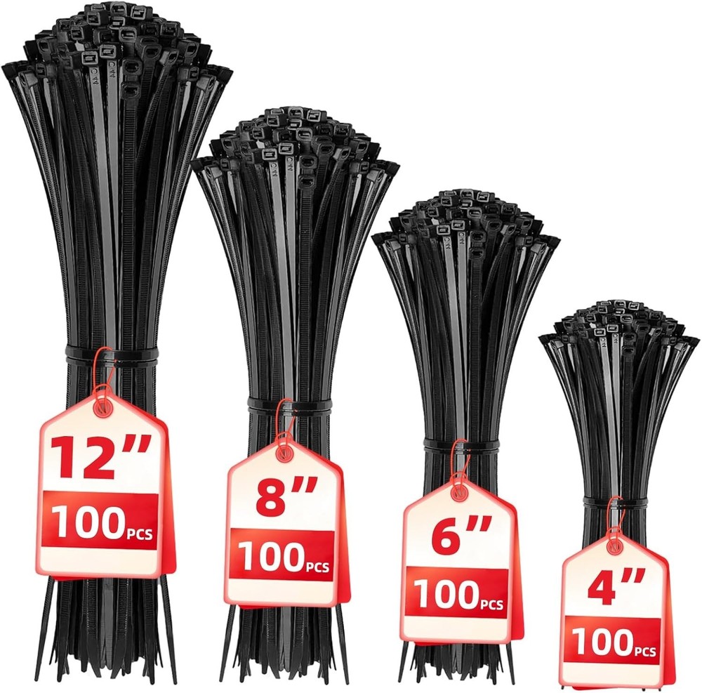 Cable Zip Ties,400 Pack Black Assorted Sizes 12+8+6+4 Inch,Multi-Purpose Self...