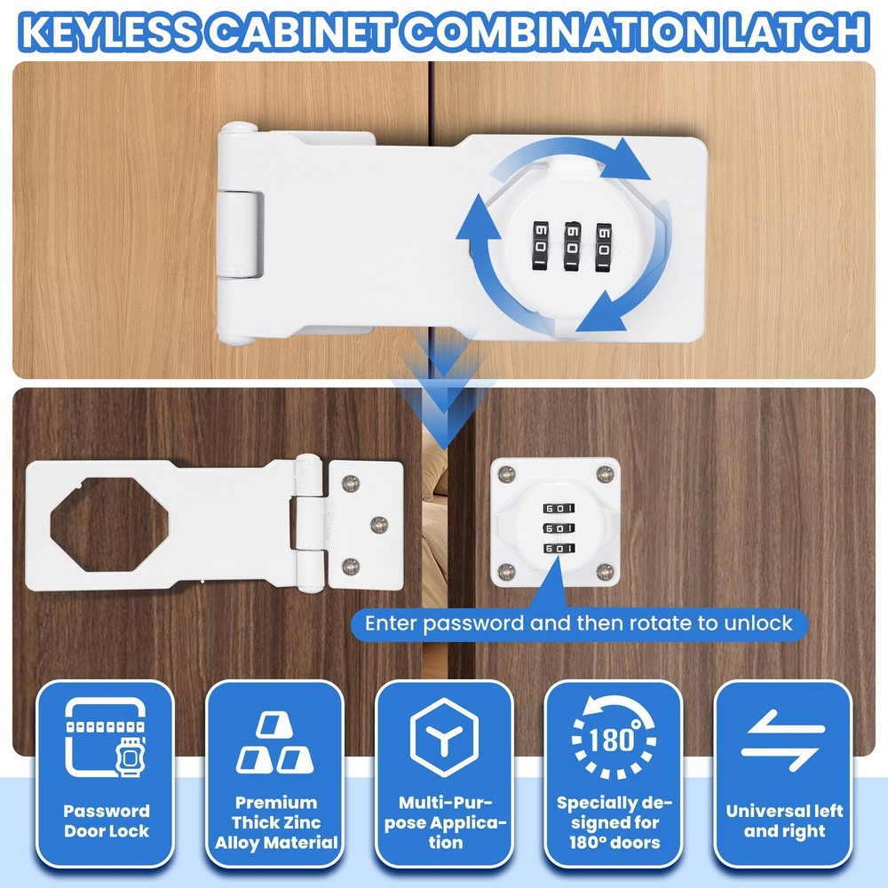 Keyless Cabinet Lock Combination Code 3-Digit Hasp Latch White 4.5 Inch
