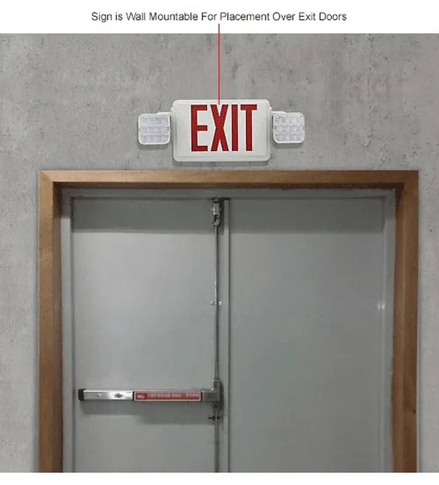 Combo LED Emergency Exit Sign, Red Letters, Ceiling & Wall Mount
