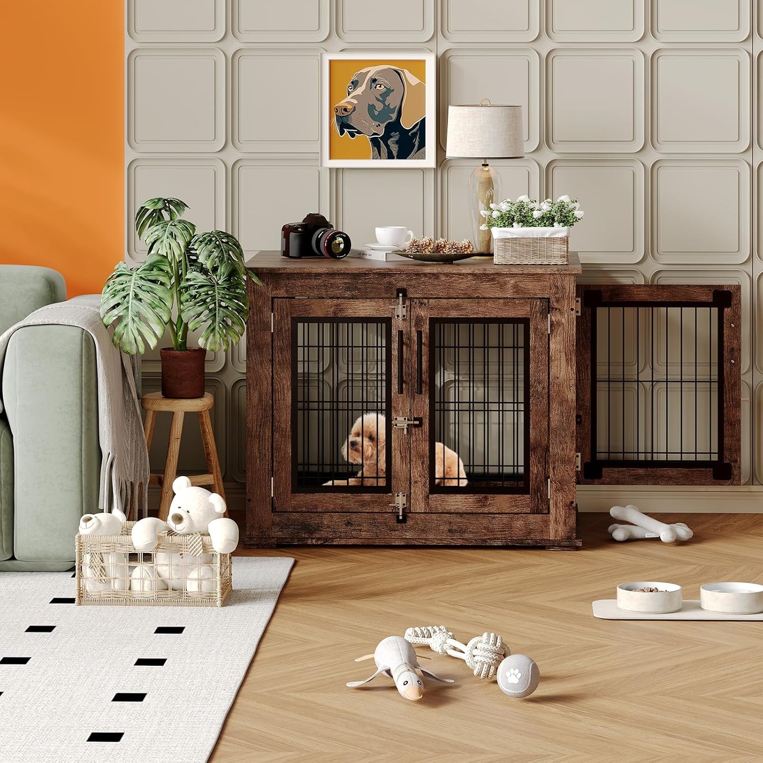 Dog Crate Furniture End Table Heavy Duty Wooden Kennel Cabinet with Double Doors