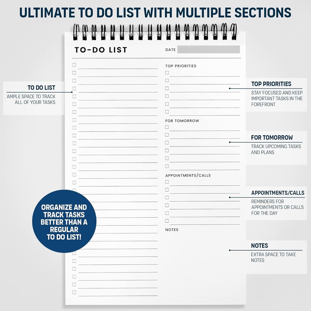 To Do List Notepad: With Multiple Functional Sections - 6.5 x 6.5x9.8”, White