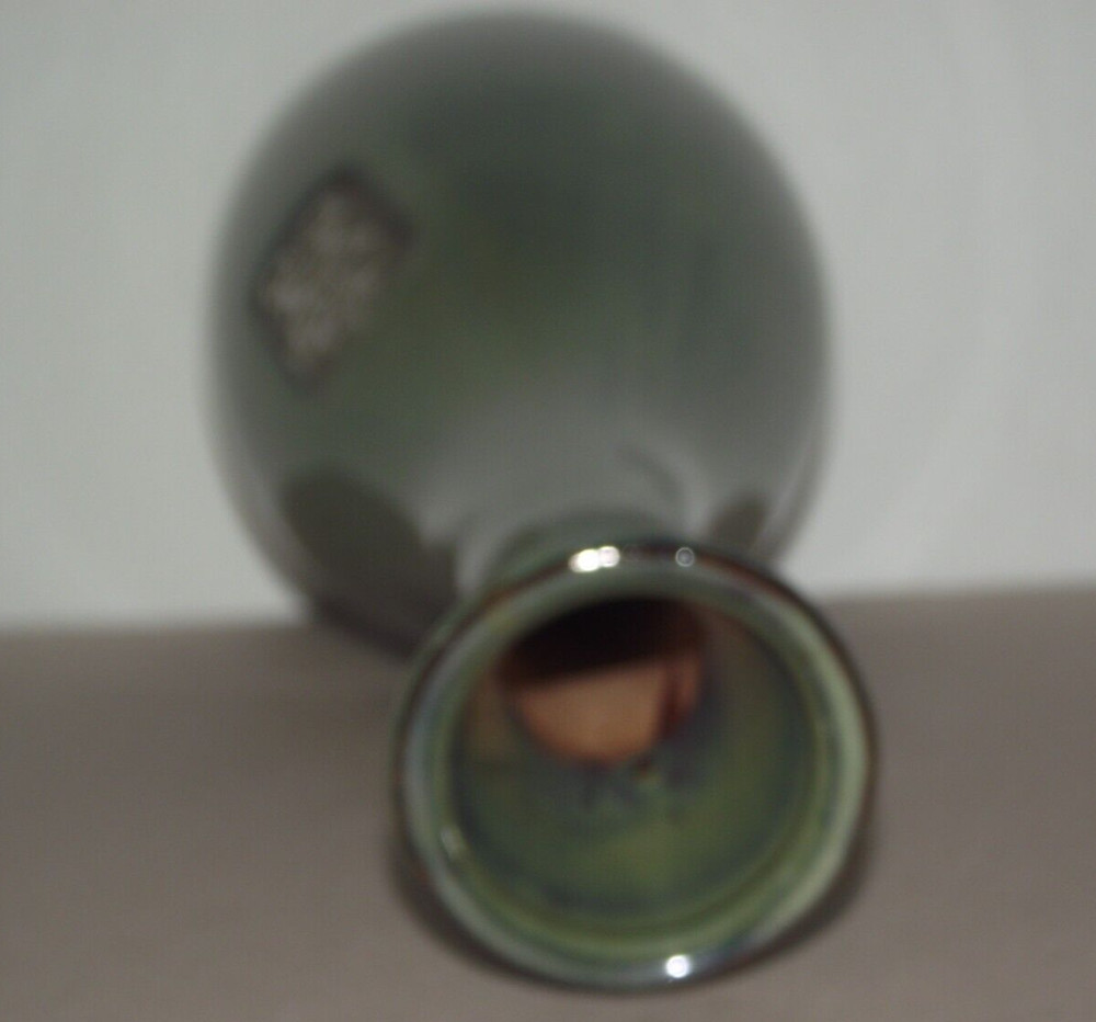 12" Ceramic stoneware green flower vase Asian pattern
