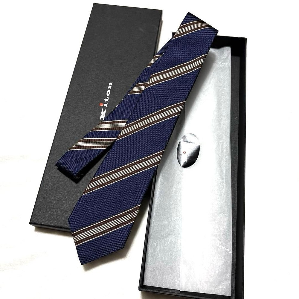 Kiton Navy Silk Striped Necktie with Box Used