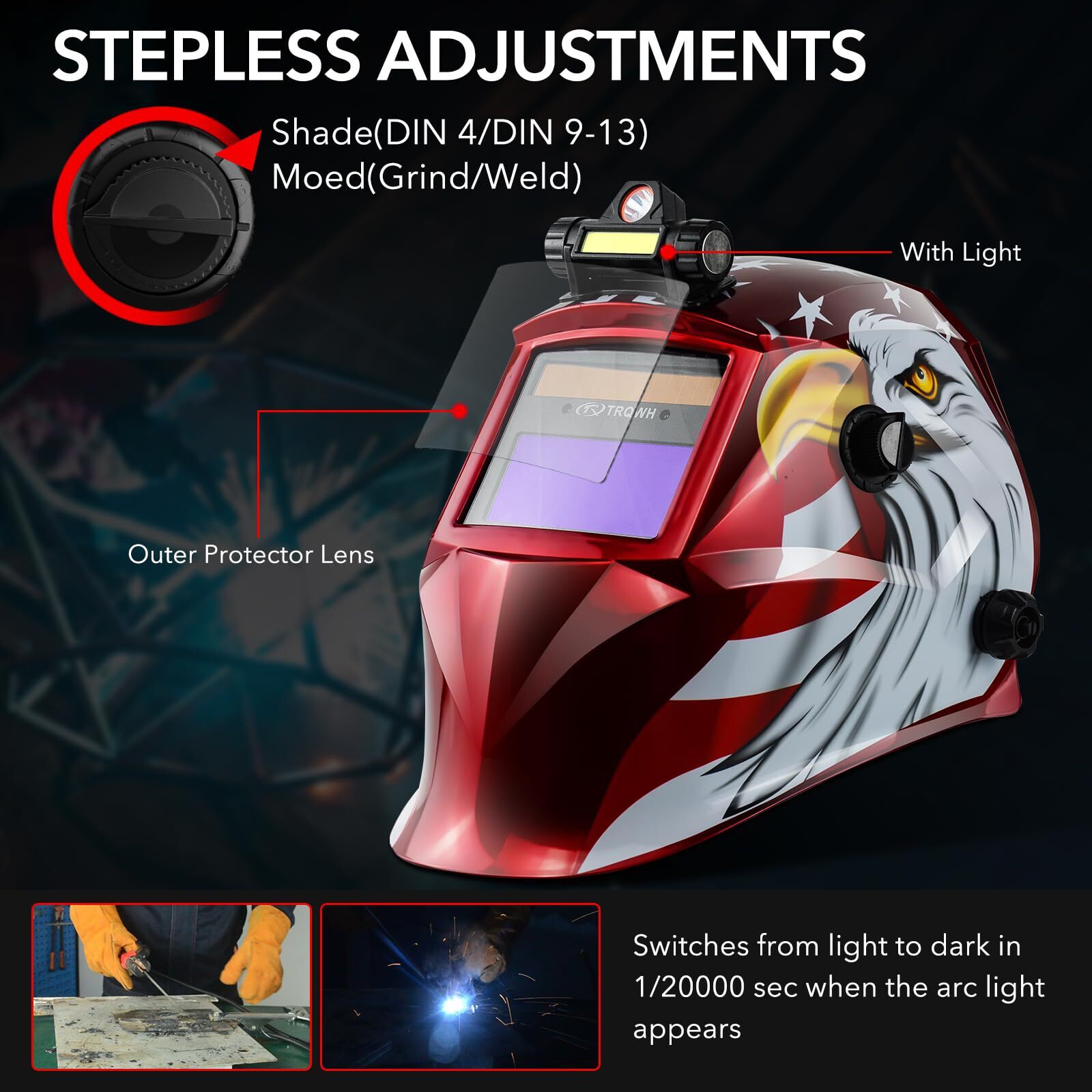 Auto Darkening Welding Helmet with LED Light, True Color View, Grind Mode