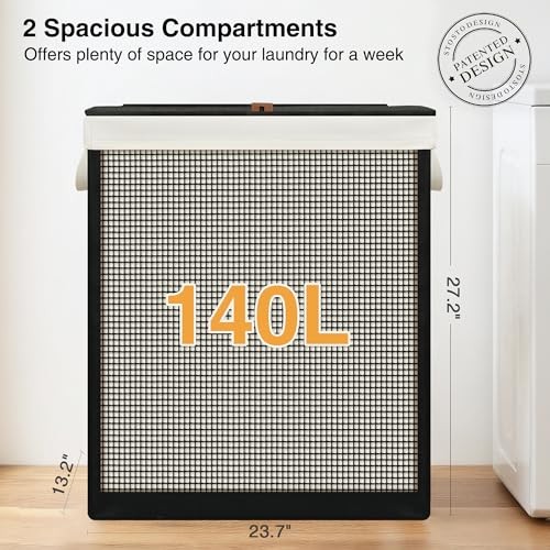 Double Laundry Hamper with Lid, 140L Large 2 Section Laundry Sorter, 2-Section