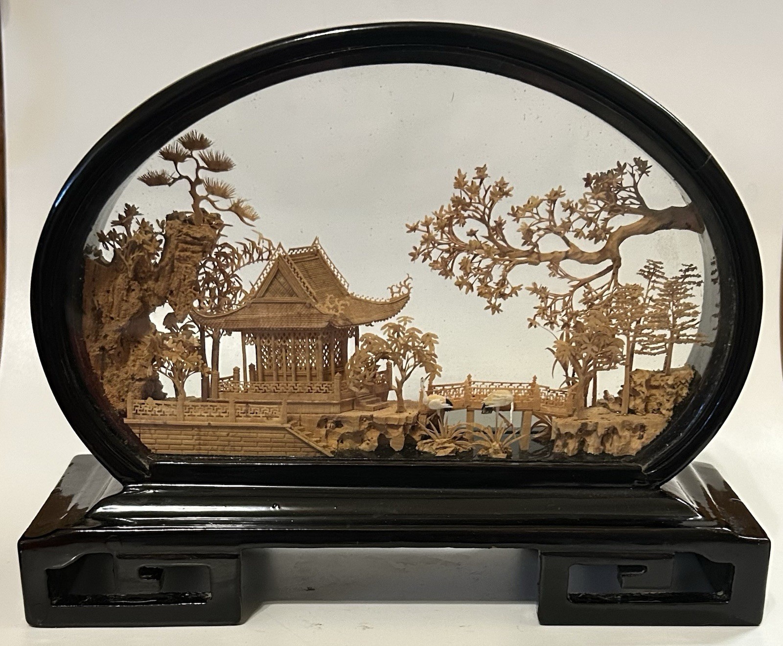 Vintage Chinese Cork Diorama Scenic Art in Glass Frame, Fujian China