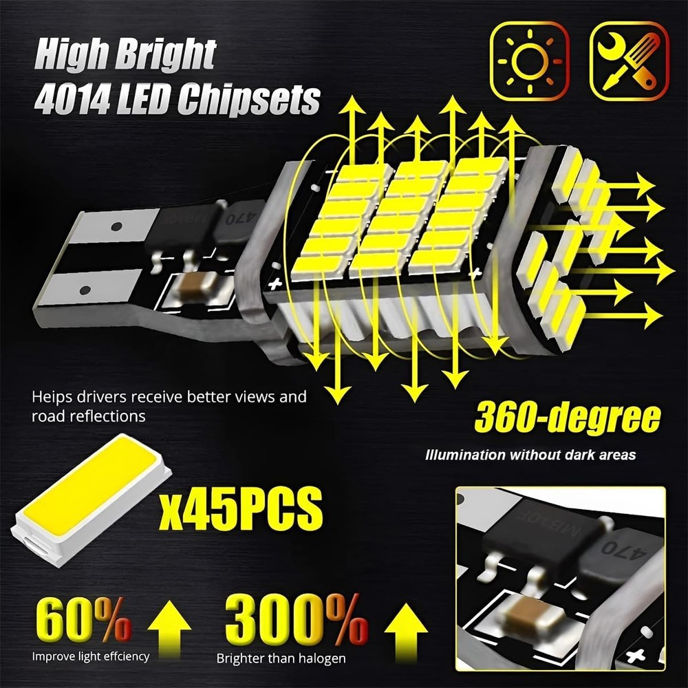 4 Pack LED Car Reverse Lights, T15 4014 45SMD Chipsets Backup Light White