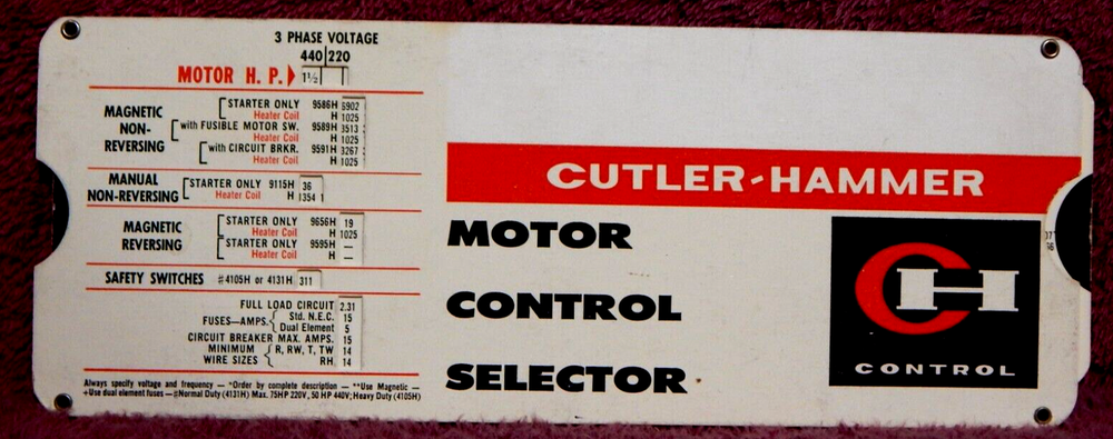 Cutler Hammer Motor Control Selector 1960