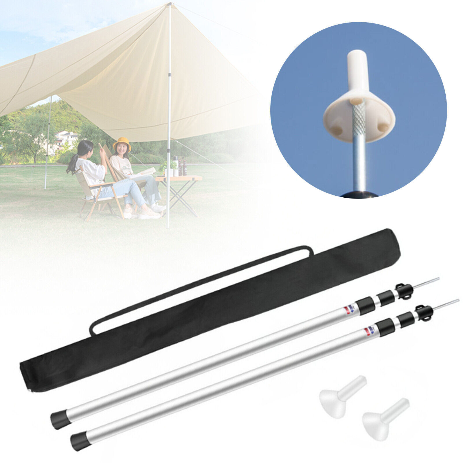 2× Tent Pole Telescopic Adjustable Tarp Poles for Camping Canopy Awning Shelter