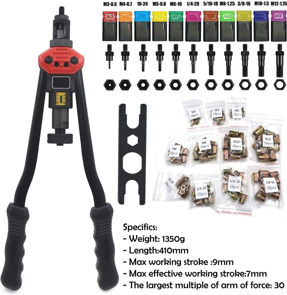 16"Rivet Gun Kit Rivnut Thread Setting Tool Nut Setter NutSert Metric SAE 1620PC