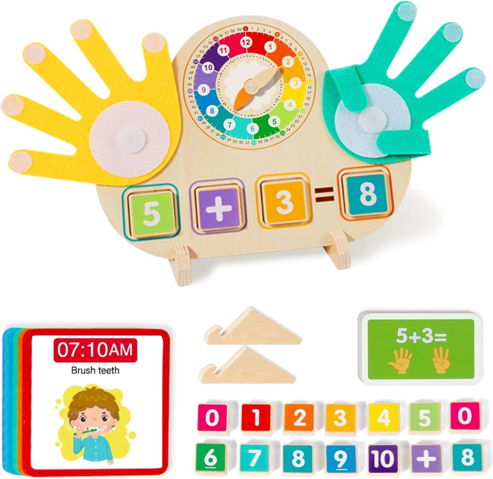 Educational 2 in 1 Math Manipulatives Number Counting Blocks & Teaching Clock fo