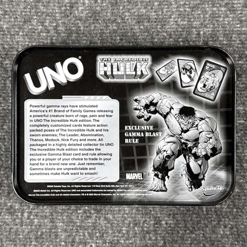 The Incredible Hulk UNO Card Game In Tin Case, Missing Instructions