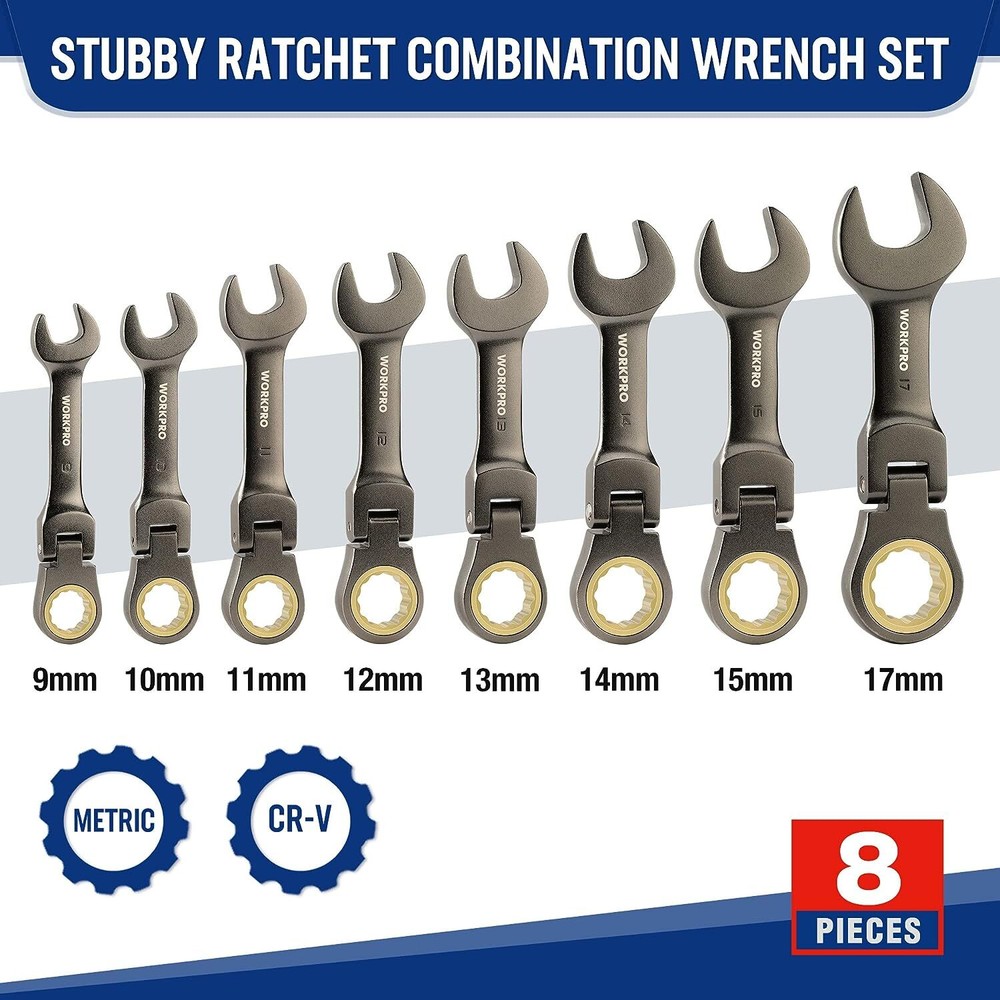 WORKPRO 8PCS Flex-Head Stubby Ratcheting Combination Wrench Set w/Rolling Pouch
