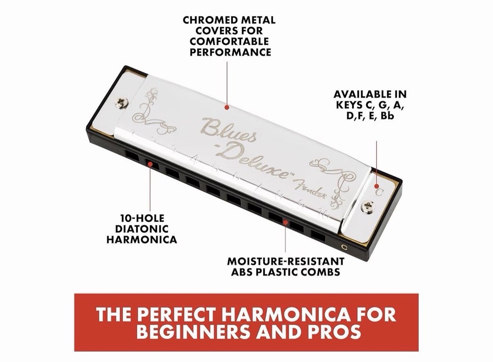 Fender Blues Deluxe Diatonic Harmonica Key of C, Chromed Covers, Case