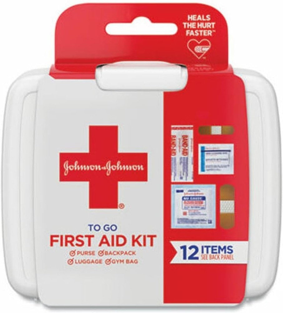 Johnson & Johnson Mini Travel First Aid Kit – 12 Essential Items, Compact Design