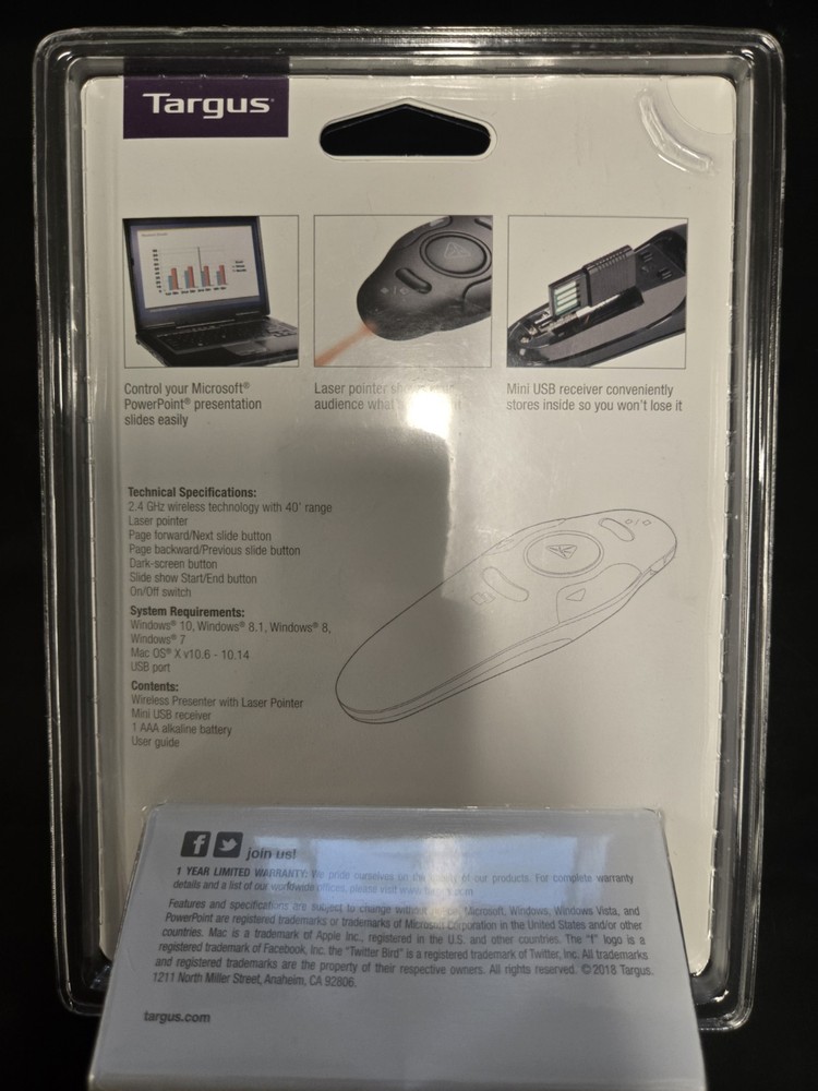 Targus Wireless USB Presenter Laser Pointer AMP16B Highlight Key PC MAC 2.4GHz