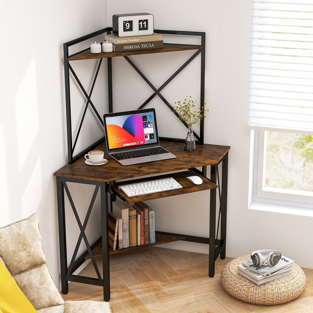Corner Desk Space-Saving Computer Desk w/ Shelves & Keyboard Tray Rustic Brown