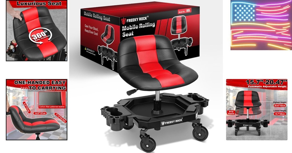 Rolling Stool with Wheels, Adjustable Height Pneumatic Garage Work Mechanic S...