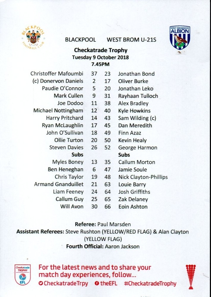Team Sheet - Blackpool v West Brom Checkatrade 9.10.2018