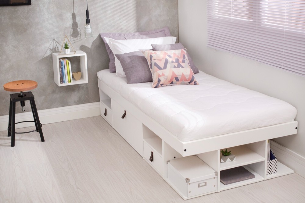 Memomad Bali Bed - Twin Size Storage Platform Bed Frame with Drawers (White)