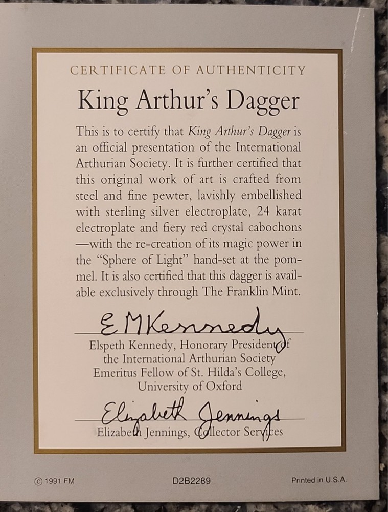 Franklin Mint King Arthur's Dagger with display frame, plus Certificate