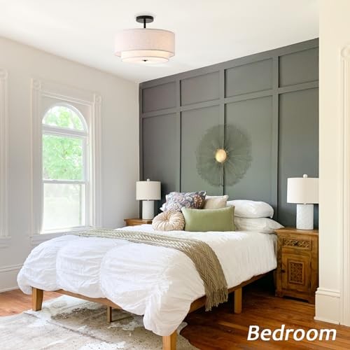 16" Double Drum 3-Light Semi Flush Mount Ceiling Light, Classic Fabric Black