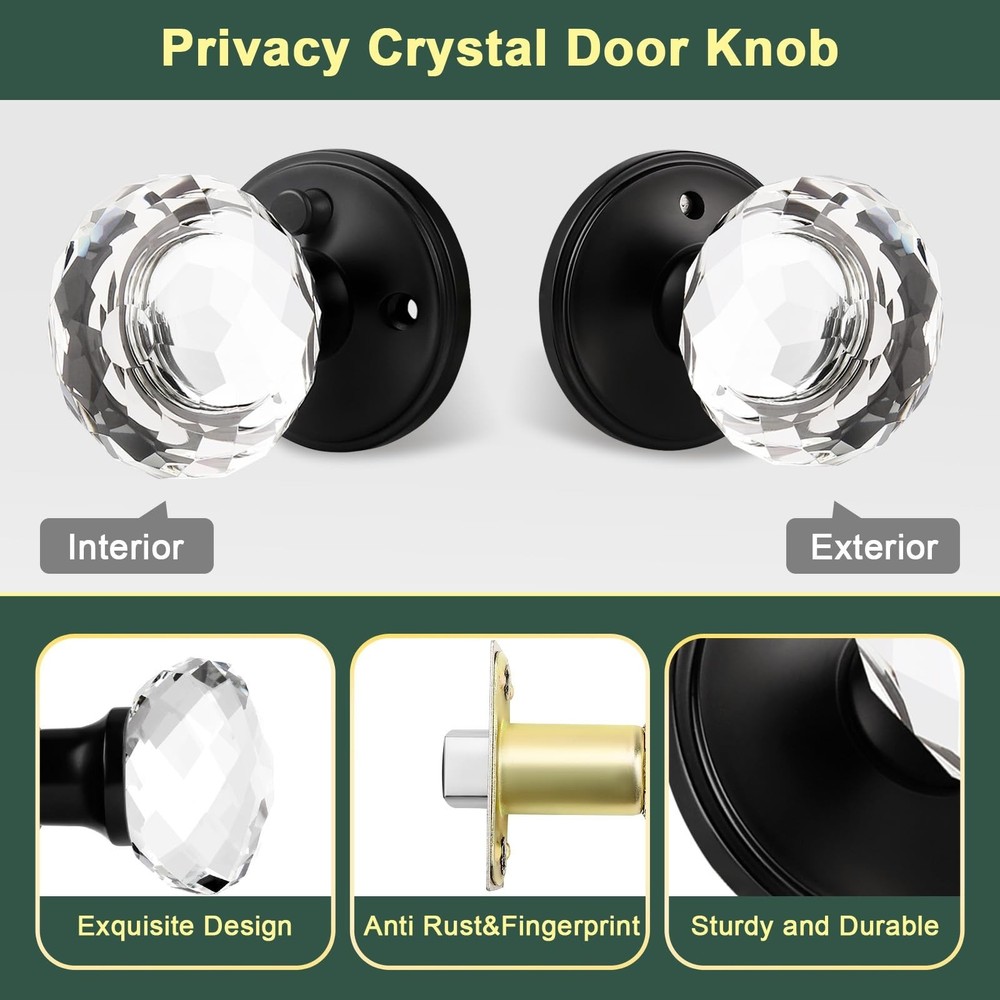 6 Pack Crystal Door Knobs Interior, Elegant Matte Black Glass Door Knobs, Key...