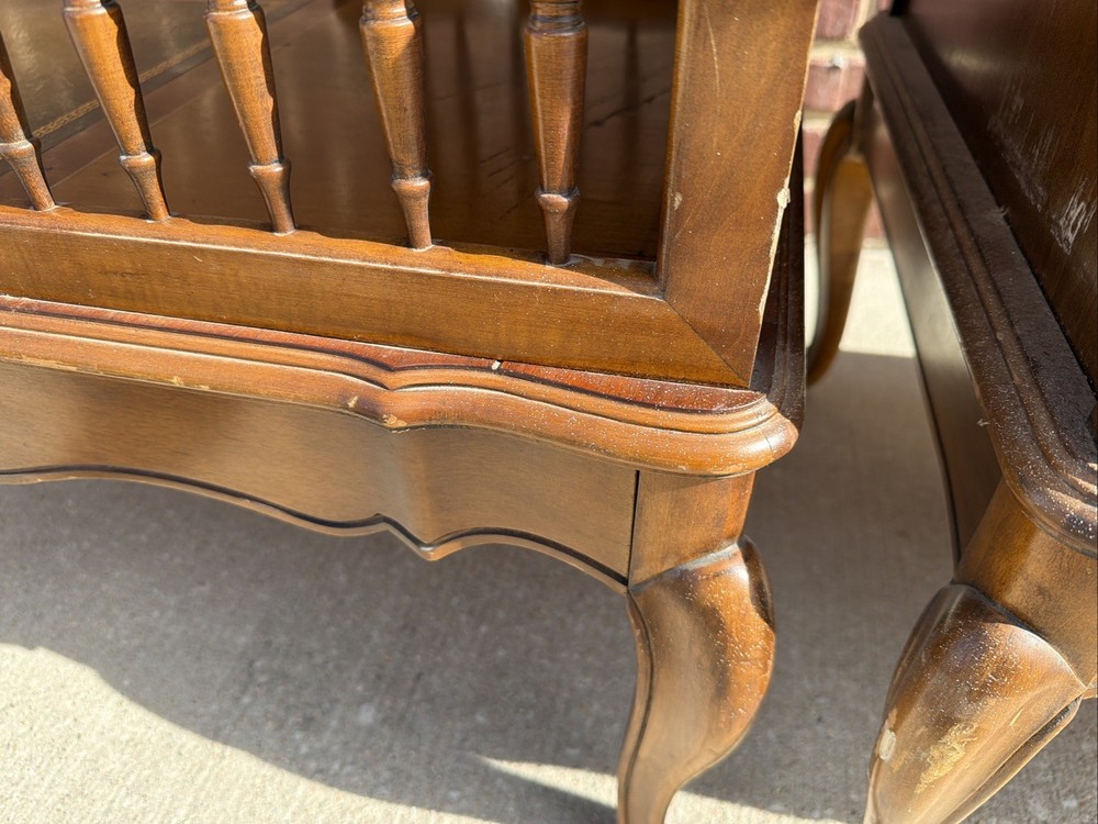 PAIR Step-Back Tooled Leather Top ANTIQUE Side End Tables