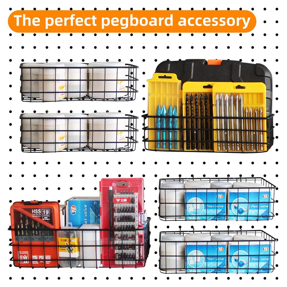 4 Pack Pegboard Baskets Hooks Set, Square Style 4 Size Peg Board Organizer
