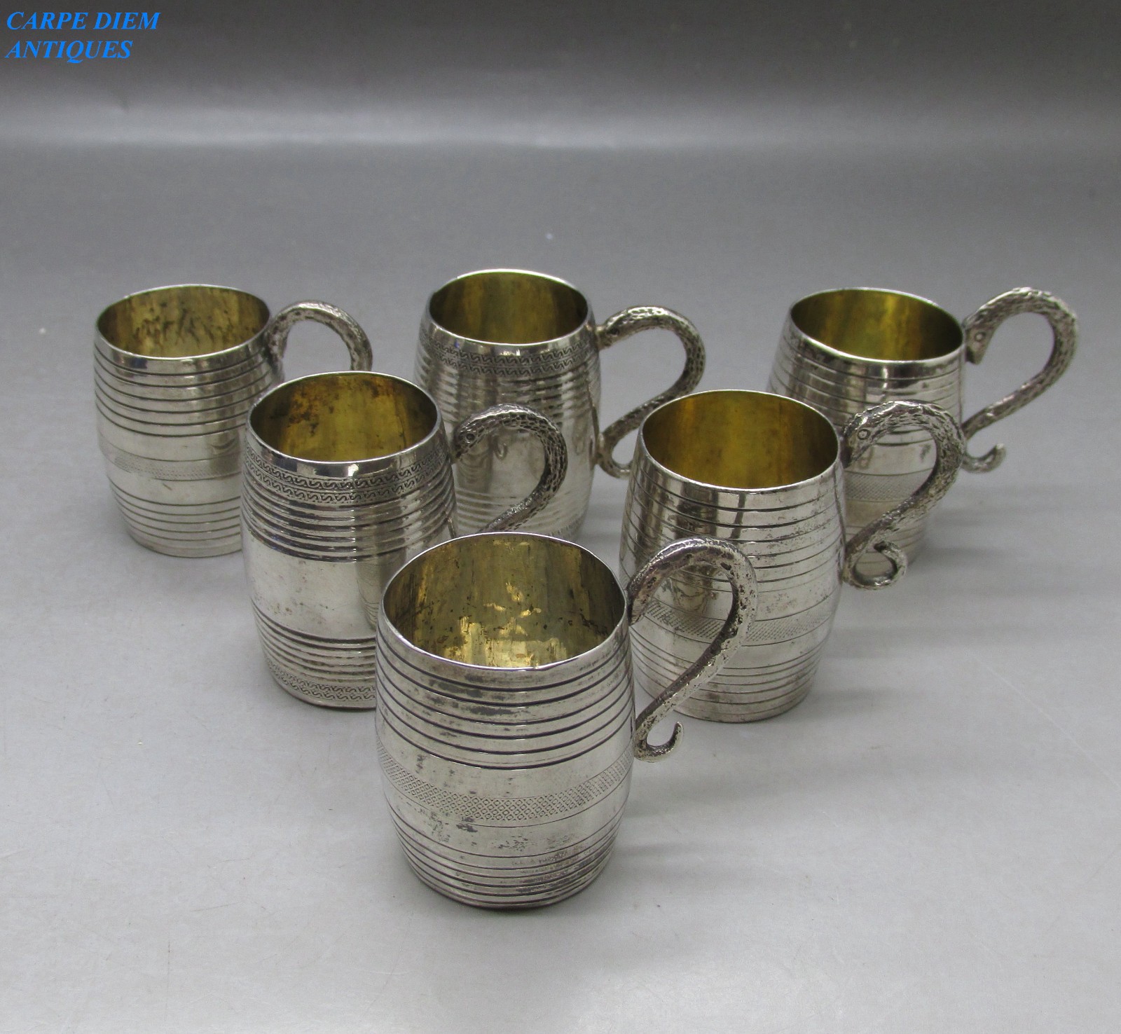ANTIQUE RARE SET 6 SOLID SILVER TOT CUPS-KINGDOM OF TWO SICILIES 4CM 130g c1840