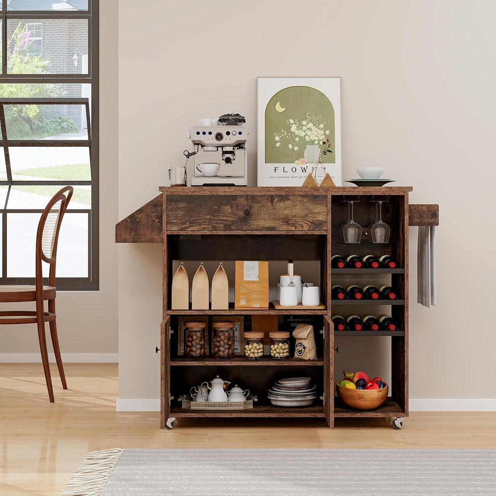 Rustic Brown Rolling Kitchen Island Cart with Drop Leaf & Storage Solutions