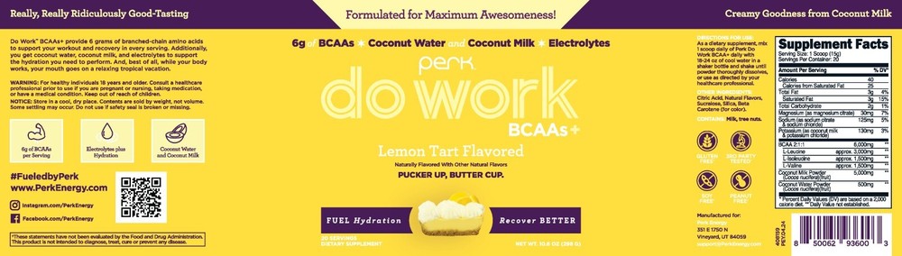 Perk Do Work BCAAs + Hydration Electrolytes Powder Lemon Tart Flavored 20 servs