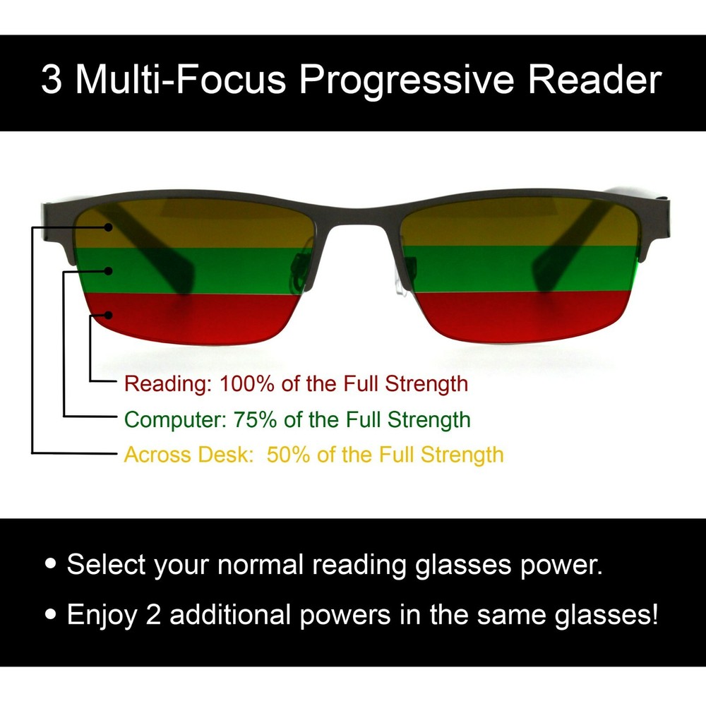Mens Classic Metal Rectangular Spring Hinge 3-Focal Progressive Reading Glasses