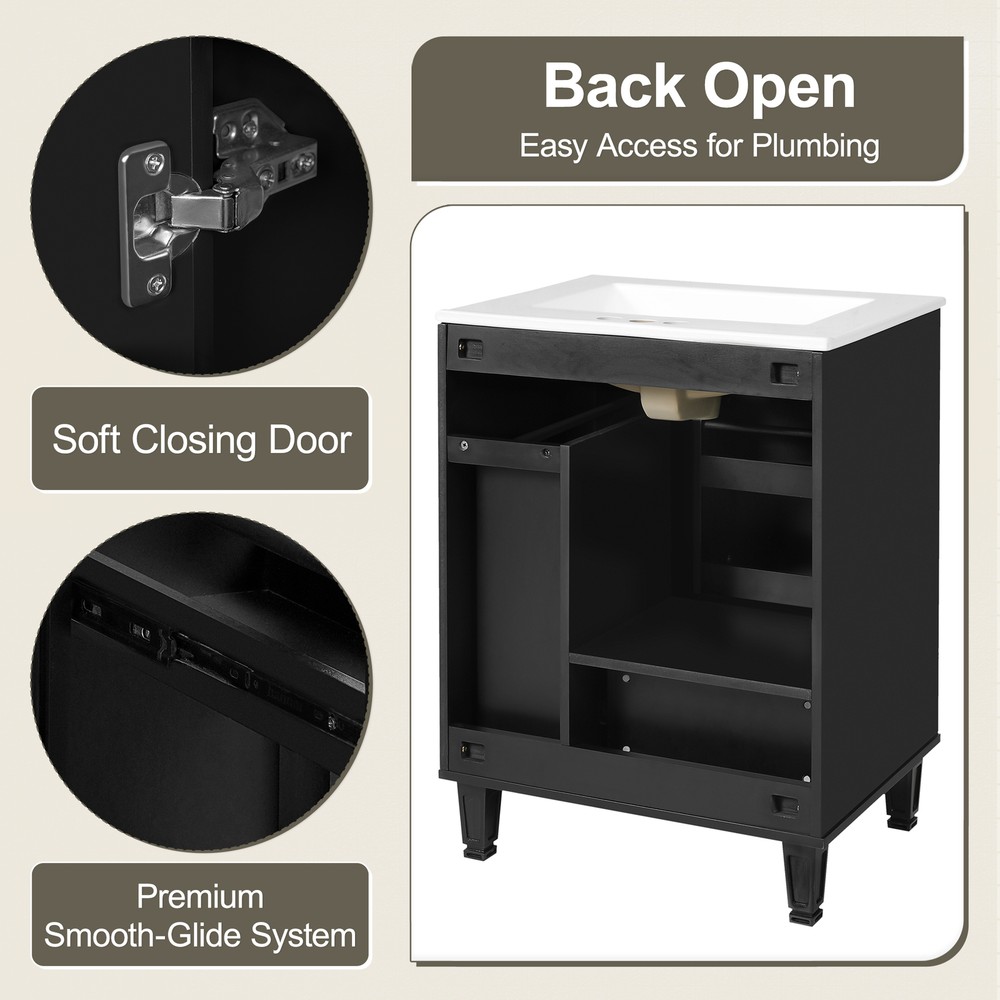 Bathroom Vanity with Ceramic Sink Solid Wood Frame Storage Cabinet Deep Drawer