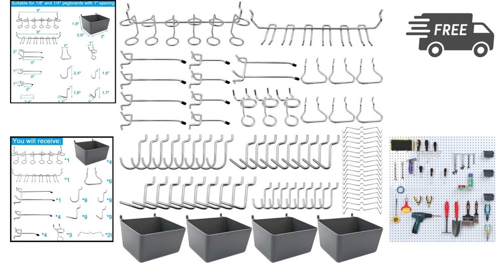Pegboard Hooks Assortment Set for Organizing Tools Bins Peg Locks 80 Pieces