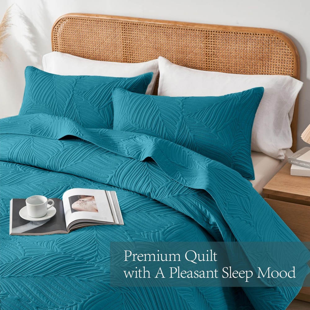 OARAGE Queen Quilt Bedding Set Soft Lightweight Teal Bedspread with Leaf Pattern