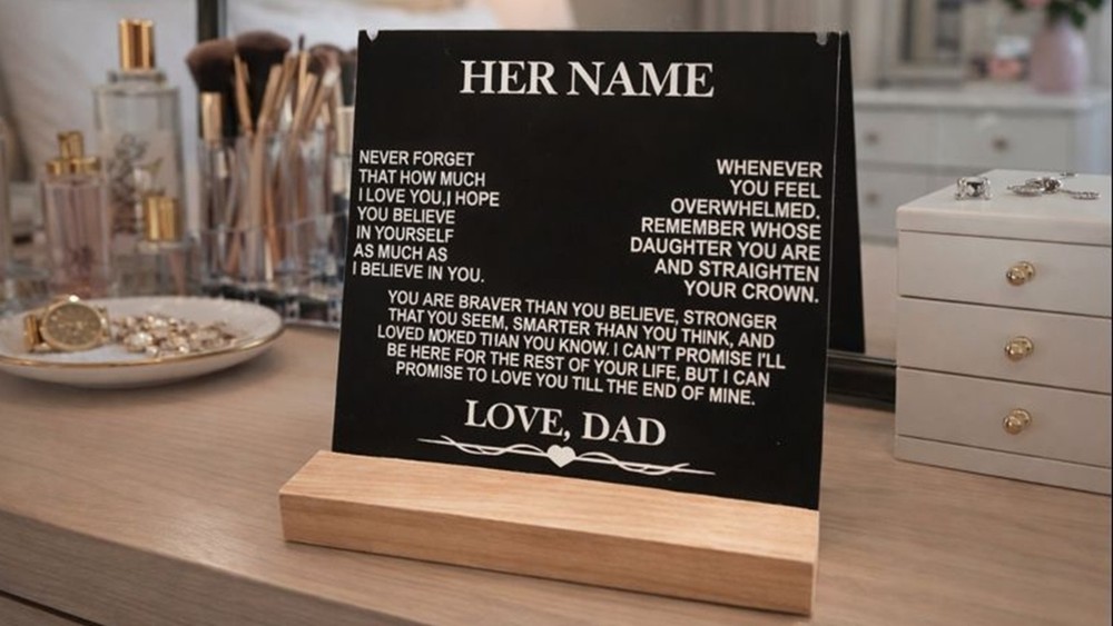 Personalized Laser Engraved Gift Card with Neckalss and Solid Oak Display Stand