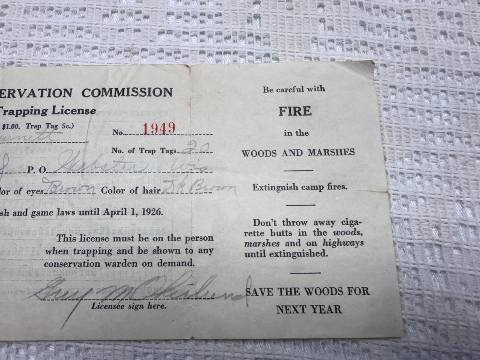 VTG 1925-26 Wisconsin Conservation Commission Resident Trapping License Burnett