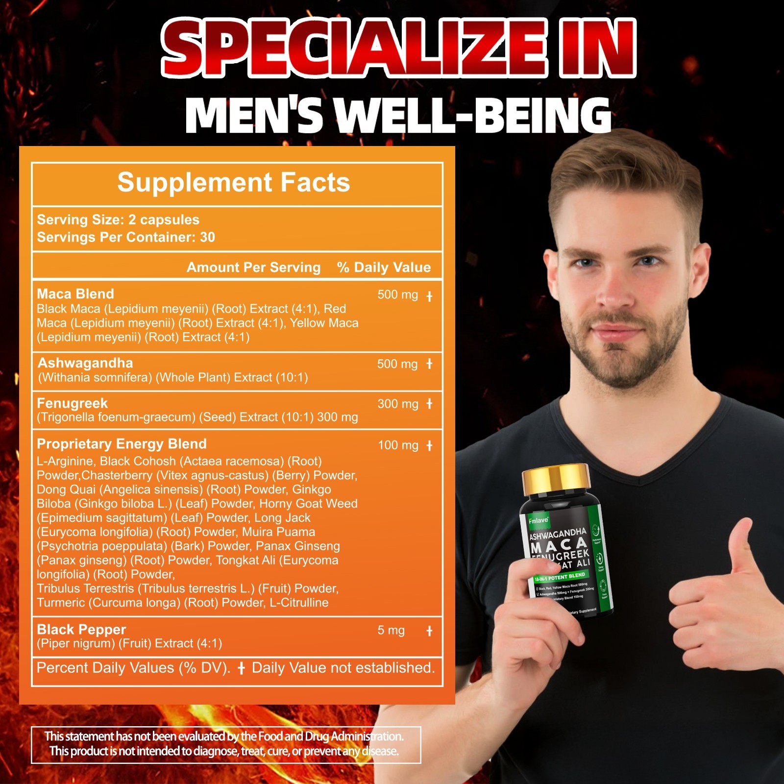 Maca Root, Ashwagandha, Panax Ginseng Fenugreek Extract Male Enhancing 60 Caps