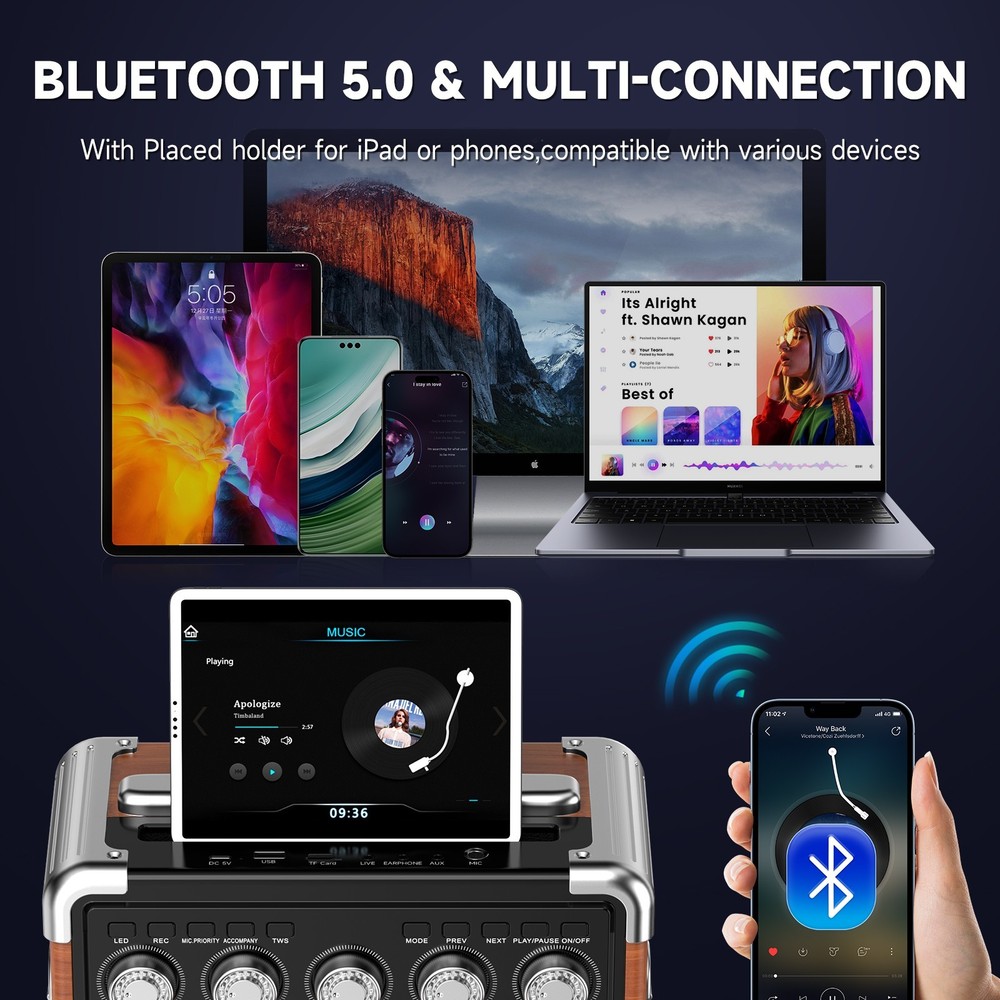 Karaoke Machine with 2 Wireless Microphones,Portable Bluetooth 5.0 Speaker Light