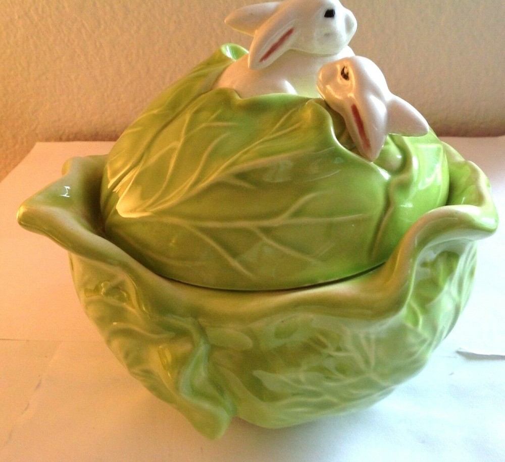 Vintage Bunny Rabbits Inside Green Cabbage Serving Dish