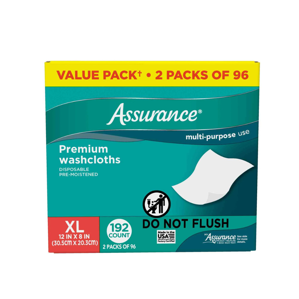 New Assurance Premium Disposable Washcloths Pre-Moistened Body Wipes, XL, 192 Ct