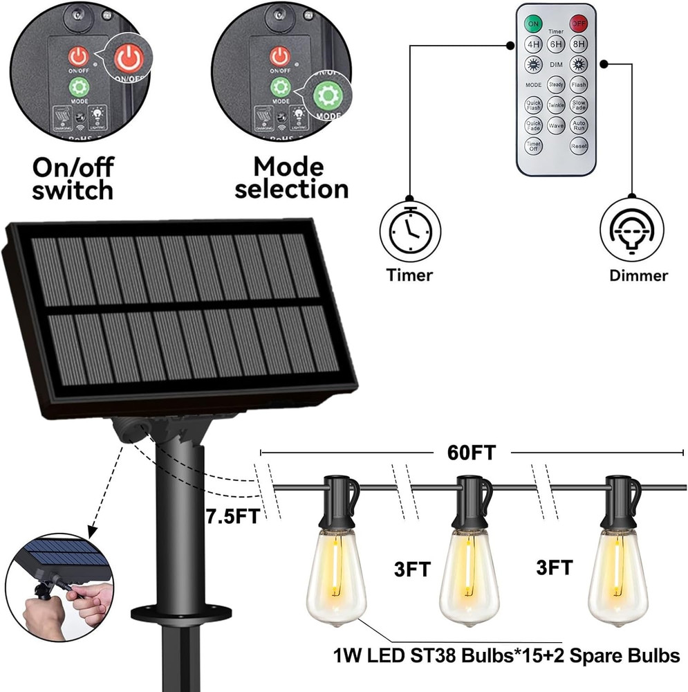 60FT Solar String Lights Outdoor Weatherproof with Remote, Solar Powered LED Edi